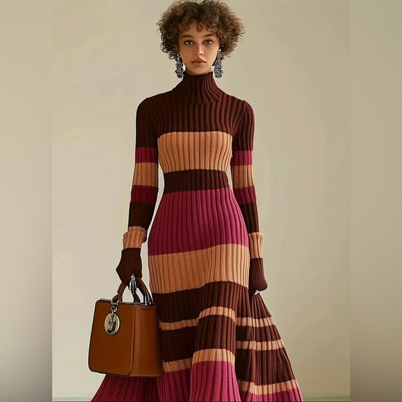 Striped Multicolor Sweater Knit Dress High Neck New Boutique - Picture 2 of 6